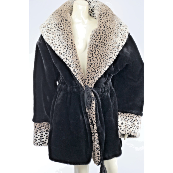 Vintage Black Faux Fur Shearling Coat Leopard Print Collar Cuffs Plush Size M - Picture 3 of 14